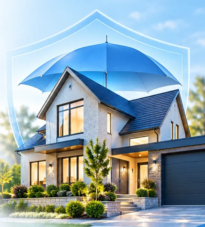 A modern home protected by a blue umbrella and shield symbol